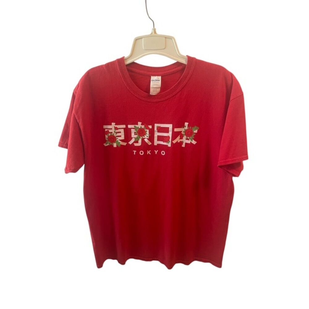 Gilden Heavy cotton T Shirt Tokyo Japan Kanji & Roses Flowers Logo Red L